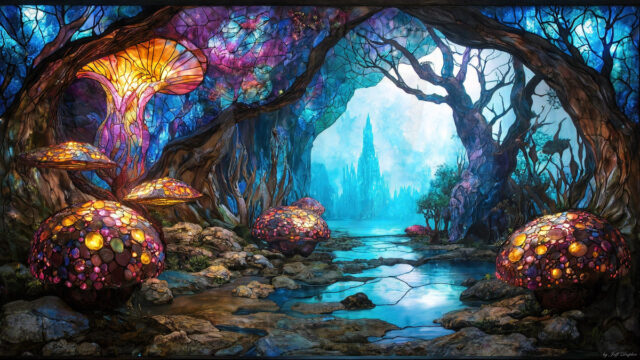 A vibrant and detailed fantasy photograph of an alien planet. Where every element appears meticulously crafted from iridescent stained glass. From a cave system, dominated by towering crystals, giant bioluminescent mushrooms, in all shapes and sizes, that glow in vibrant iridescent colors. A stream of iridescent blue water, flows down the center of the cave from a waterfall, off in the distance. The alien flora, vibrantly colored, attracting alien insects, like nothing you've ever seen. Glow worms hang down from the ceiling, emitting the entire spectrum of the rainbow in colors, they seem to dance and blend as if they are connected. Outside the cave system, the sky shimmers with a breathtaking aurora borealis that fills the sky, creating a cosmic spectacle of galaxies, nebulae, and radiant starlight, in this nighttime landscape.