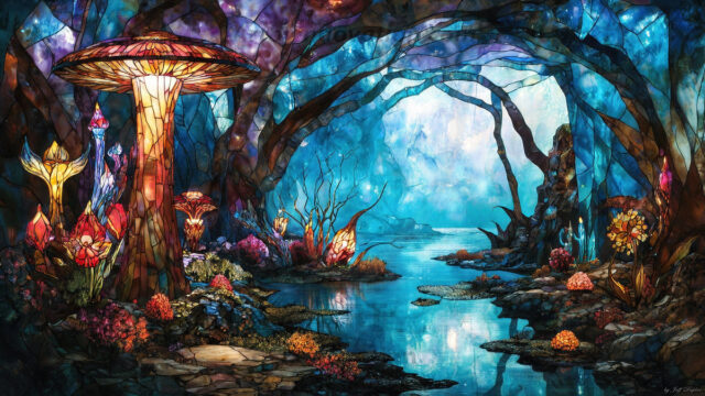 A vibrant and detailed fantasy photograph of an alien planet. Where every element appears meticulously crafted from iridescent stained glass. From a cave system, dominated by towering crystals, giant bioluminescent mushrooms, in all shapes and sizes, that glow in vibrant iridescent colors. A stream of iridescent blue water, flows down the center of the cave from a waterfall, off in the distance. The alien flora, vibrantly colored, attracting alien insects, like nothing you've ever seen. Glow worms hang down from the ceiling, emitting the entire spectrum of the rainbow in colors, they seem to dance and blend as if they are connected. Outside the cave system, the sky shimmers with a breathtaking aurora borealis that fills the sky, creating a cosmic spectacle of galaxies, nebulae, and radiant starlight, in this nighttime landscape.