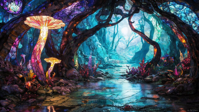 A vibrant and detailed fantasy photograph of an alien planet. Where every element appears meticulously crafted from iridescent stained glass. From a cave system, dominated by towering crystals, giant bioluminescent mushrooms, in all shapes and sizes, that glow in vibrant iridescent colors. A stream of iridescent blue water, flows down the center of the cave from a waterfall, off in the distance. The alien flora, vibrantly colored, attracting alien insects, like nothing you've ever seen. Glow worms hang down from the ceiling, emitting the entire spectrum of the rainbow in colors, they seem to dance and blend as if they are connected. Outside the cave system, the sky shimmers with a breathtaking aurora borealis that fills the sky, creating a cosmic spectacle of galaxies, nebulae, and radiant starlight, in this nighttime landscape.