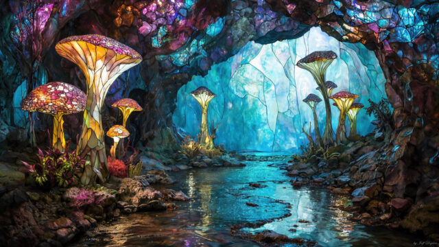 A vibrant and detailed fantasy photograph of an alien planet. Where every element appears meticulously crafted from iridescent stained glass. From a cave system, dominated by towering crystals, giant bioluminescent mushrooms, in all shapes and sizes, that glow in vibrant iridescent colors. A stream of iridescent blue water, flows down the center of the cave from a waterfall, off in the distance. The alien flora, vibrantly colored, attracting alien insects, like nothing you've ever seen. Glow worms hang down from the ceiling, emitting the entire spectrum of the rainbow in colors, they seem to dance and blend as if they are connected. Outside the cave system, the sky shimmers with a breathtaking aurora borealis that fills the sky, creating a cosmic spectacle of galaxies, nebulae, and radiant starlight, in this nighttime landscape.