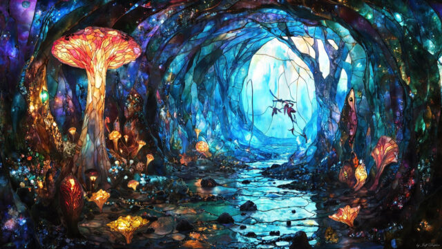 A vibrant and detailed fantasy photograph of an alien planet. Where every element appears meticulously crafted from iridescent stained glass. From a cave system, dominated by towering crystals, giant bioluminescent mushrooms, in all shapes and sizes, that glow in vibrant iridescent colors. A stream of iridescent blue water, flows down the center of the cave from a waterfall, off in the distance. The alien flora, vibrantly colored, attracting alien insects, like nothing you've ever seen. Glow worms hang down from the ceiling, emitting the entire spectrum of the rainbow in colors, they seem to dance and blend as if they are connected. Outside the cave system, the sky shimmers with a breathtaking aurora borealis that fills the sky, creating a cosmic spectacle of galaxies, nebulae, and radiant starlight, in this nighttime landscape.