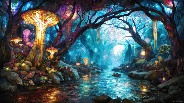 A vibrant and detailed fantasy photograph of an alien planet. Where every element appears meticulously crafted from iridescent stained glass. From a cave system, dominated by towering crystals, giant bioluminescent mushrooms, in all shapes and sizes, that glow in vibrant iridescent colors. A stream of iridescent blue water, flows down the center of the cave from a waterfall, off in the distance. The alien flora, vibrantly colored, attracting alien insects, like nothing you've ever seen. Glow worms hang down from the ceiling, emitting the entire spectrum of the rainbow in colors, they seem to dance and blend as if they are connected. Outside the cave system, the sky shimmers with a breathtaking aurora borealis that fills the sky, creating a cosmic spectacle of galaxies, nebulae, and radiant starlight, in this nighttime landscape.