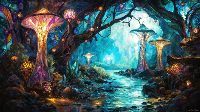 A vibrant and detailed fantasy photograph of an alien planet. Where every element appears meticulously crafted from iridescent stained glass. From a cave system, dominated by towering crystals, giant bioluminescent mushrooms, in all shapes and sizes, that glow in vibrant iridescent colors. A stream of iridescent blue water, flows down the center of the cave from a waterfall, off in the distance. The alien flora, vibrantly colored, attracting alien insects, like nothing you've ever seen. Glow worms hang down from the ceiling, emitting the entire spectrum of the rainbow in colors, they seem to dance and blend as if they are connected. Outside the cave system, the sky shimmers with a breathtaking aurora borealis that fills the sky, creating a cosmic spectacle of galaxies, nebulae, and radiant starlight, in this nighttime landscape.