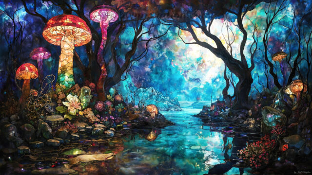 A vibrant and detailed fantasy photograph of an alien planet. Where every element appears meticulously crafted from iridescent stained glass. From a cave system, dominated by towering crystals, giant bioluminescent mushrooms, in all shapes and sizes, that glow in vibrant iridescent colors. A stream of iridescent blue water, flows down the center of the cave from a waterfall, off in the distance. The alien flora, vibrantly colored, attracting alien insects, like nothing you've ever seen. Glow worms hang down from the ceiling, emitting the entire spectrum of the rainbow in colors, they seem to dance and blend as if they are connected. Outside the cave system, the sky shimmers with a breathtaking aurora borealis that fills the sky, creating a cosmic spectacle of galaxies, nebulae, and radiant starlight, in this nighttime landscape.