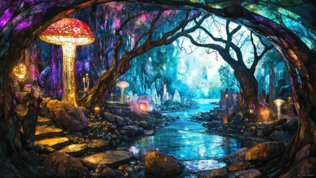 A vibrant and detailed fantasy photograph of an alien planet. Where every element appears meticulously crafted from iridescent stained glass. From a cave system, dominated by towering crystals, giant bioluminescent mushrooms, in all shapes and sizes, that glow in vibrant iridescent colors. A stream of iridescent blue water, flows down the center of the cave from a waterfall, off in the distance. The alien flora, vibrantly colored, attracting alien insects, like nothing you've ever seen. Glow worms hang down from the ceiling, emitting the entire spectrum of the rainbow in colors, they seem to dance and blend as if they are connected. Outside the cave system, the sky shimmers with a breathtaking aurora borealis that fills the sky, creating a cosmic spectacle of galaxies, nebulae, and radiant starlight, in this nighttime landscape.