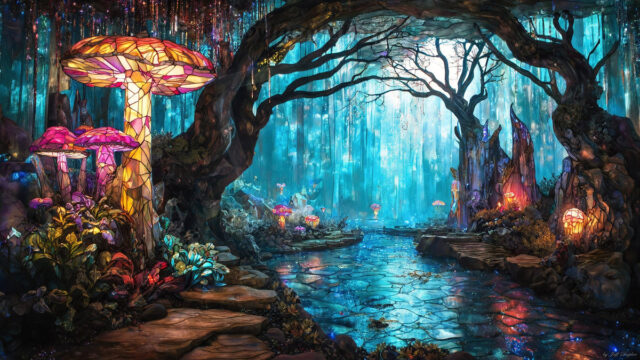 A vibrant and detailed fantasy photograph of an alien planet. Where every element appears meticulously crafted from iridescent stained glass. From a cave system, dominated by towering crystals, giant bioluminescent mushrooms, in all shapes and sizes, that glow in vibrant iridescent colors. A stream of iridescent blue water, flows down the center of the cave from a waterfall, off in the distance. The alien flora, vibrantly colored, attracting alien insects, like nothing you've ever seen. Glow worms hang down from the ceiling, emitting the entire spectrum of the rainbow in colors, they seem to dance and blend as if they are connected. Outside the cave system, the sky shimmers with a breathtaking aurora borealis that fills the sky, creating a cosmic spectacle of galaxies, nebulae, and radiant starlight, in this nighttime landscape.