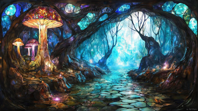 A vibrant and detailed fantasy photograph of an alien planet. Where every element appears meticulously crafted from iridescent stained glass. From a cave system, dominated by towering crystals, giant bioluminescent mushrooms, in all shapes and sizes, that glow in vibrant iridescent colors. A stream of iridescent blue water, flows down the center of the cave from a waterfall, off in the distance. The alien flora, vibrantly colored, attracting alien insects, like nothing you've ever seen. Glow worms hang down from the ceiling, emitting the entire spectrum of the rainbow in colors, they seem to dance and blend as if they are connected. Outside the cave system, the sky shimmers with a breathtaking aurora borealis that fills the sky, creating a cosmic spectacle of galaxies, nebulae, and radiant starlight, in this nighttime landscape.