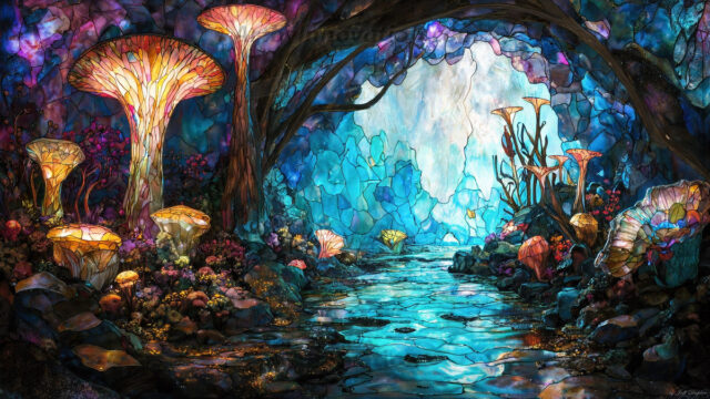 A vibrant and detailed fantasy photograph of an alien planet. Where every element appears meticulously crafted from iridescent stained glass. From a cave system, dominated by towering crystals, giant bioluminescent mushrooms, in all shapes and sizes, that glow in vibrant iridescent colors. A stream of iridescent blue water, flows down the center of the cave from a waterfall, off in the distance. The alien flora, vibrantly colored, attracting alien insects, like nothing you've ever seen. Glow worms hang down from the ceiling, emitting the entire spectrum of the rainbow in colors, they seem to dance and blend as if they are connected. Outside the cave system, the sky shimmers with a breathtaking aurora borealis that fills the sky, creating a cosmic spectacle of galaxies, nebulae, and radiant starlight, in this nighttime landscape.