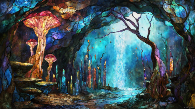 A vibrant and detailed fantasy photograph of an alien planet. Where every element appears meticulously crafted from iridescent stained glass. From a cave system, dominated by towering crystals, giant bioluminescent mushrooms, in all shapes and sizes, that glow in vibrant iridescent colors. A stream of iridescent blue water, flows down the center of the cave from a waterfall, off in the distance. The alien flora, vibrantly colored, attracting alien insects, like nothing you've ever seen. Glow worms hang down from the ceiling, emitting the entire spectrum of the rainbow in colors, they seem to dance and blend as if they are connected. Outside the cave system, the sky shimmers with a breathtaking aurora borealis that fills the sky, creating a cosmic spectacle of galaxies, nebulae, and radiant starlight, in this nighttime landscape.