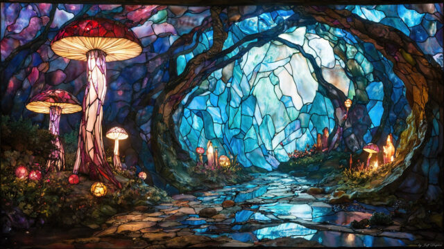 A vibrant and detailed fantasy photograph of an alien planet. Where every element appears meticulously crafted from iridescent stained glass. From a cave system, dominated by towering crystals, giant bioluminescent mushrooms, in all shapes and sizes, that glow in vibrant iridescent colors. A stream of iridescent blue water, flows down the center of the cave from a waterfall, off in the distance. The alien flora, vibrantly colored, attracting alien insects, like nothing you've ever seen. Glow worms hang down from the ceiling, emitting the entire spectrum of the rainbow in colors, they seem to dance and blend as if they are connected. Outside the cave system, the sky shimmers with a breathtaking aurora borealis that fills the sky, creating a cosmic spectacle of galaxies, nebulae, and radiant starlight, in this nighttime landscape.
