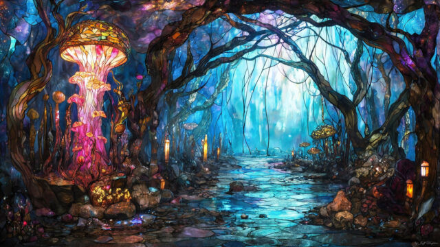 A vibrant and detailed fantasy photograph of an alien planet. Where every element appears meticulously crafted from iridescent stained glass. From a cave system, dominated by towering crystals, giant bioluminescent mushrooms, in all shapes and sizes, that glow in vibrant iridescent colors. A stream of iridescent blue water, flows down the center of the cave from a waterfall, off in the distance. The alien flora, vibrantly colored, attracting alien insects, like nothing you've ever seen. Glow worms hang down from the ceiling, emitting the entire spectrum of the rainbow in colors, they seem to dance and blend as if they are connected. Outside the cave system, the sky shimmers with a breathtaking aurora borealis that fills the sky, creating a cosmic spectacle of galaxies, nebulae, and radiant starlight, in this nighttime landscape.