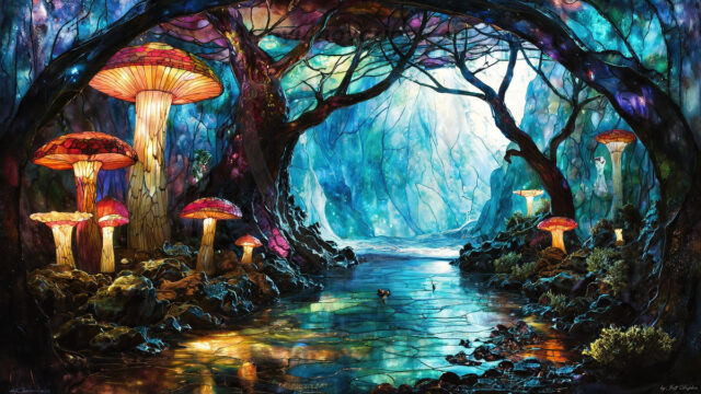 A vibrant and detailed fantasy photograph of an alien planet. Where every element appears meticulously crafted from iridescent stained glass. From a cave system, dominated by towering crystals, giant bioluminescent mushrooms, in all shapes and sizes, that glow in vibrant iridescent colors. A stream of iridescent blue water, flows down the center of the cave from a waterfall, off in the distance. The alien flora, vibrantly colored, attracting alien insects, like nothing you've ever seen. Glow worms hang down from the ceiling, emitting the entire spectrum of the rainbow in colors, they seem to dance and blend as if they are connected. Outside the cave system, the sky shimmers with a breathtaking aurora borealis that fills the sky, creating a cosmic spectacle of galaxies, nebulae, and radiant starlight, in this nighttime landscape.