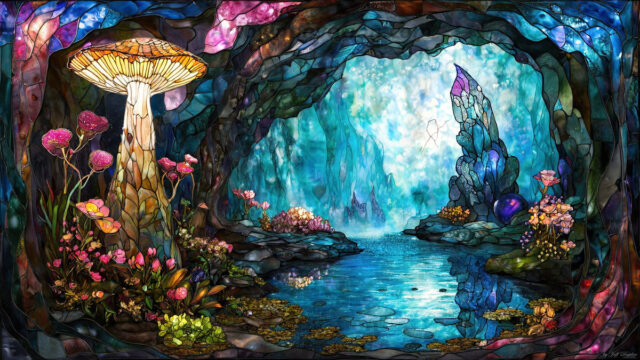 A vibrant and detailed fantasy photograph of an alien planet. Where every element appears meticulously crafted from iridescent stained glass. From a cave system, dominated by towering crystals, giant bioluminescent mushrooms, in all shapes and sizes, that glow in vibrant iridescent colors. A stream of iridescent blue water, flows down the center of the cave from a waterfall, off in the distance. The alien flora, vibrantly colored, attracting alien insects, like nothing you've ever seen. Glow worms hang down from the ceiling, emitting the entire spectrum of the rainbow in colors, they seem to dance and blend as if they are connected. Outside the cave system, the sky shimmers with a breathtaking aurora borealis that fills the sky, creating a cosmic spectacle of galaxies, nebulae, and radiant starlight, in this nighttime landscape.