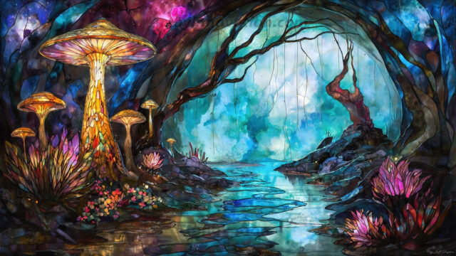 A vibrant and detailed fantasy photograph of an alien planet. Where every element appears meticulously crafted from iridescent stained glass. From a cave system, dominated by towering crystals, giant bioluminescent mushrooms, in all shapes and sizes, that glow in vibrant iridescent colors. A stream of iridescent blue water, flows down the center of the cave from a waterfall, off in the distance. The alien flora, vibrantly colored, attracting alien insects, like nothing you've ever seen. Glow worms hang down from the ceiling, emitting the entire spectrum of the rainbow in colors, they seem to dance and blend as if they are connected. Outside the cave system, the sky shimmers with a breathtaking aurora borealis that fills the sky, creating a cosmic spectacle of galaxies, nebulae, and radiant starlight, in this nighttime landscape.