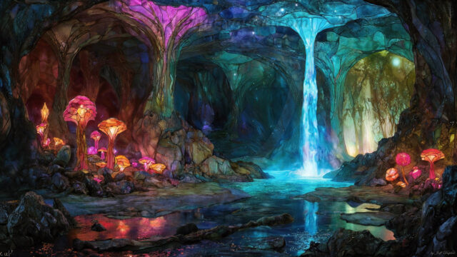 A vibrant and detailed fantasy photograph of an alien planet. Where every element appears meticulously crafted from iridescent stained glass. From a cave system, dominated by towering crystals, giant bioluminescent mushrooms, in all shapes and sizes, that glow in vibrant iridescent colors. A stream of iridescent blue water, flows down the center of the cave from a waterfall, off in the distance. The alien flora, vibrantly colored, attracting alien insects, like nothing you've ever seen. Glow worms hang down from the ceiling, emitting the entire spectrum of the rainbow in colors, they seem to dance and blend as if they are connected. Outside the cave system, the sky shimmers with a breathtaking aurora borealis that fills the sky, creating a cosmic spectacle of galaxies, nebulae, and radiant starlight, in this nighttime landscape.