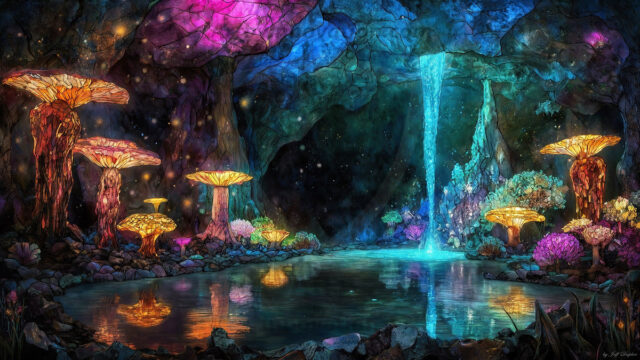 A vibrant and detailed fantasy photograph of an alien planet. Where every element appears meticulously crafted from iridescent stained glass. From a cave system, dominated by towering crystals, giant bioluminescent mushrooms, in all shapes and sizes, that glow in vibrant iridescent colors. A stream of iridescent blue water, flows down the center of the cave from a waterfall, off in the distance. The alien flora, vibrantly colored, attracting alien insects, like nothing you've ever seen. Glow worms hang down from the ceiling, emitting the entire spectrum of the rainbow in colors, they seem to dance and blend as if they are connected. Outside the cave system, the sky shimmers with a breathtaking aurora borealis that fills the sky, creating a cosmic spectacle of galaxies, nebulae, and radiant starlight, in this nighttime landscape.