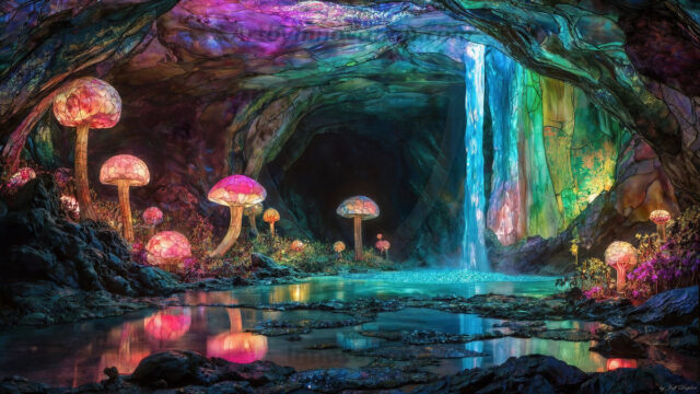 A vibrant and detailed fantasy photograph of an alien planet. Where every element appears meticulously crafted from iridescent stained glass. From a cave system, dominated by towering crystals, giant bioluminescent mushrooms, in all shapes and sizes, that glow in vibrant iridescent colors. A stream of iridescent blue water, flows down the center of the cave from a waterfall, off in the distance. The alien flora, vibrantly colored, attracting alien insects, like nothing you've ever seen. Glow worms hang down from the ceiling, emitting the entire spectrum of the rainbow in colors, they seem to dance and blend as if they are connected. Outside the cave system, the sky shimmers with a breathtaking aurora borealis that fills the sky, creating a cosmic spectacle of galaxies, nebulae, and radiant starlight, in this nighttime landscape.