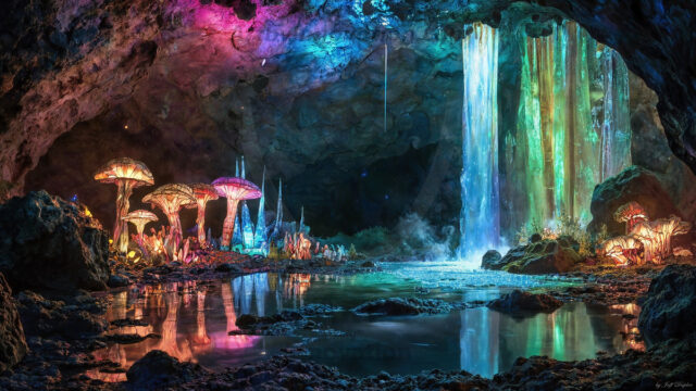 A vibrant and detailed fantasy photograph of an alien planet. Where every element appears meticulously crafted from iridescent stained glass. From a cave system, dominated by towering crystals, giant bioluminescent mushrooms, in all shapes and sizes, that glow in vibrant iridescent colors. A stream of iridescent blue water, flows down the center of the cave from a waterfall, off in the distance. The alien flora, vibrantly colored, attracting alien insects, like nothing you've ever seen. Glow worms hang down from the ceiling, emitting the entire spectrum of the rainbow in colors, they seem to dance and blend as if they are connected. Outside the cave system, the sky shimmers with a breathtaking aurora borealis that fills the sky, creating a cosmic spectacle of galaxies, nebulae, and radiant starlight, in this nighttime landscape.