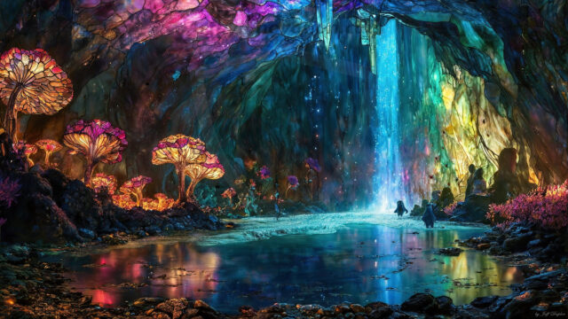 A vibrant and detailed fantasy photograph of an alien planet. Where every element appears meticulously crafted from iridescent stained glass. From a cave system, dominated by towering crystals, giant bioluminescent mushrooms, in all shapes and sizes, that glow in vibrant iridescent colors. A stream of iridescent blue water, flows down the center of the cave from a waterfall, off in the distance. The alien flora, vibrantly colored, attracting alien insects, like nothing you've ever seen. Glow worms hang down from the ceiling, emitting the entire spectrum of the rainbow in colors, they seem to dance and blend as if they are connected. Outside the cave system, the sky shimmers with a breathtaking aurora borealis that fills the sky, creating a cosmic spectacle of galaxies, nebulae, and radiant starlight, in this nighttime landscape.
