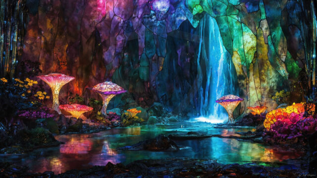 A vibrant and detailed fantasy photograph of an alien planet. Where every element appears meticulously crafted from iridescent stained glass. From a cave system, dominated by towering crystals, giant bioluminescent mushrooms, in all shapes and sizes, that glow in vibrant iridescent colors. A stream of iridescent blue water, flows down the center of the cave from a waterfall, off in the distance. The alien flora, vibrantly colored, attracting alien insects, like nothing you've ever seen. Glow worms hang down from the ceiling, emitting the entire spectrum of the rainbow in colors, they seem to dance and blend as if they are connected. Outside the cave system, the sky shimmers with a breathtaking aurora borealis that fills the sky, creating a cosmic spectacle of galaxies, nebulae, and radiant starlight, in this nighttime landscape.