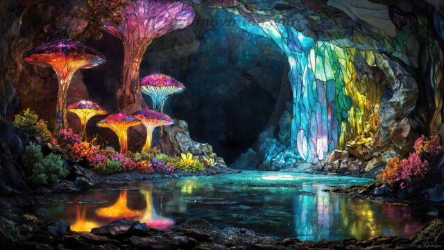 A vibrant and detailed fantasy photograph of an alien planet. Where every element appears meticulously crafted from iridescent stained glass. From a cave system, dominated by towering crystals, giant bioluminescent mushrooms, in all shapes and sizes, that glow in vibrant iridescent colors. A stream of iridescent blue water, flows down the center of the cave from a waterfall, off in the distance. The alien flora, vibrantly colored, attracting alien insects, like nothing you've ever seen. Glow worms hang down from the ceiling, emitting the entire spectrum of the rainbow in colors, they seem to dance and blend as if they are connected. Outside the cave system, the sky shimmers with a breathtaking aurora borealis that fills the sky, creating a cosmic spectacle of galaxies, nebulae, and radiant starlight, in this nighttime landscape.