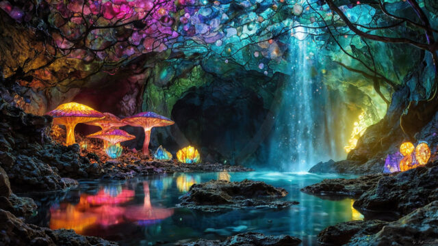 A vibrant and detailed fantasy photograph of an alien planet. Where every element appears meticulously crafted from iridescent stained glass. From a cave system, dominated by towering crystals, giant bioluminescent mushrooms, in all shapes and sizes, that glow in vibrant iridescent colors. A stream of iridescent blue water, flows down the center of the cave from a waterfall, off in the distance. The alien flora, vibrantly colored, attracting alien insects, like nothing you've ever seen. Glow worms hang down from the ceiling, emitting the entire spectrum of the rainbow in colors, they seem to dance and blend as if they are connected. Outside the cave system, the sky shimmers with a breathtaking aurora borealis that fills the sky, creating a cosmic spectacle of galaxies, nebulae, and radiant starlight, in this nighttime landscape.