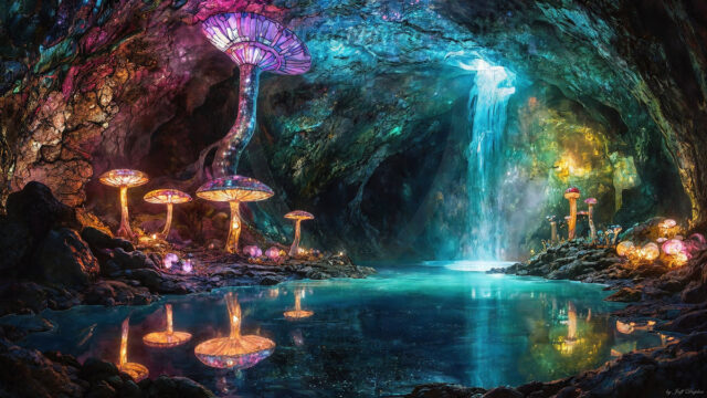 A vibrant and detailed fantasy photograph of an alien planet. Where every element appears meticulously crafted from iridescent stained glass. From a cave system, dominated by towering crystals, giant bioluminescent mushrooms, in all shapes and sizes, that glow in vibrant iridescent colors. A stream of iridescent blue water, flows down the center of the cave from a waterfall, off in the distance. The alien flora, vibrantly colored, attracting alien insects, like nothing you've ever seen. Glow worms hang down from the ceiling, emitting the entire spectrum of the rainbow in colors, they seem to dance and blend as if they are connected. Outside the cave system, the sky shimmers with a breathtaking aurora borealis that fills the sky, creating a cosmic spectacle of galaxies, nebulae, and radiant starlight, in this nighttime landscape.
