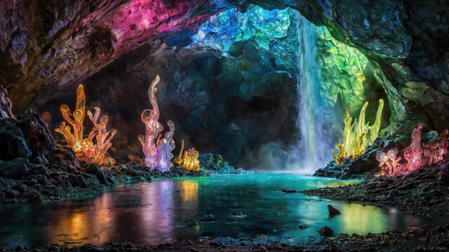A vibrant and detailed fantasy photograph of an alien planet. Where every element appears meticulously crafted from iridescent stained glass. From a cave system, dominated by towering crystals, giant bioluminescent mushrooms, in all shapes and sizes, that glow in vibrant iridescent colors. A stream of iridescent blue water, flows down the center of the cave from a waterfall, off in the distance. The alien flora, vibrantly colored, attracting alien insects, like nothing you've ever seen. Glow worms hang down from the ceiling, emitting the entire spectrum of the rainbow in colors, they seem to dance and blend as if they are connected. Outside the cave system, the sky shimmers with a breathtaking aurora borealis that fills the sky, creating a cosmic spectacle of galaxies, nebulae, and radiant starlight, in this nighttime landscape.