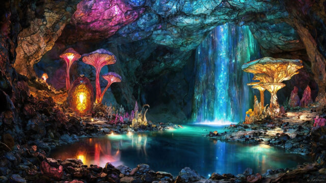 A vibrant and detailed fantasy photograph of an alien planet. Where every element appears meticulously crafted from iridescent stained glass. From a cave system, dominated by towering crystals, giant bioluminescent mushrooms, in all shapes and sizes, that glow in vibrant iridescent colors. A stream of iridescent blue water, flows down the center of the cave from a waterfall, off in the distance. The alien flora, vibrantly colored, attracting alien insects, like nothing you've ever seen. Glow worms hang down from the ceiling, emitting the entire spectrum of the rainbow in colors, they seem to dance and blend as if they are connected. Outside the cave system, the sky shimmers with a breathtaking aurora borealis that fills the sky, creating a cosmic spectacle of galaxies, nebulae, and radiant starlight, in this nighttime landscape.