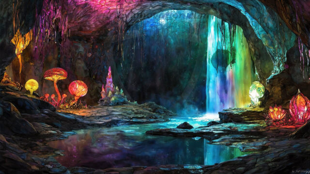 A vibrant and detailed fantasy photograph of an alien planet. Where every element appears meticulously crafted from iridescent stained glass. From a cave system, dominated by towering crystals, giant bioluminescent mushrooms, in all shapes and sizes, that glow in vibrant iridescent colors. A stream of iridescent blue water, flows down the center of the cave from a waterfall, off in the distance. The alien flora, vibrantly colored, attracting alien insects, like nothing you've ever seen. Glow worms hang down from the ceiling, emitting the entire spectrum of the rainbow in colors, they seem to dance and blend as if they are connected. Outside the cave system, the sky shimmers with a breathtaking aurora borealis that fills the sky, creating a cosmic spectacle of galaxies, nebulae, and radiant starlight, in this nighttime landscape.