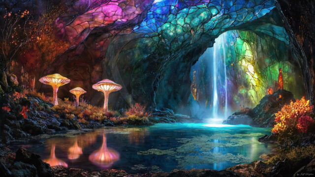 A vibrant and detailed fantasy photograph of an alien planet. Where every element appears meticulously crafted from iridescent stained glass. From a cave system, dominated by towering crystals, giant bioluminescent mushrooms, in all shapes and sizes, that glow in vibrant iridescent colors. A stream of iridescent blue water, flows down the center of the cave from a waterfall, off in the distance. The alien flora, vibrantly colored, attracting alien insects, like nothing you've ever seen. Glow worms hang down from the ceiling, emitting the entire spectrum of the rainbow in colors, they seem to dance and blend as if they are connected. Outside the cave system, the sky shimmers with a breathtaking aurora borealis that fills the sky, creating a cosmic spectacle of galaxies, nebulae, and radiant starlight, in this nighttime landscape.