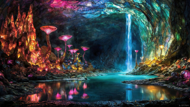 A vibrant and detailed fantasy photograph of an alien planet. Where every element appears meticulously crafted from iridescent stained glass. From a cave system, dominated by towering crystals, giant bioluminescent mushrooms, in all shapes and sizes, that glow in vibrant iridescent colors. A stream of iridescent blue water, flows down the center of the cave from a waterfall, off in the distance. The alien flora, vibrantly colored, attracting alien insects, like nothing you've ever seen. Glow worms hang down from the ceiling, emitting the entire spectrum of the rainbow in colors, they seem to dance and blend as if they are connected. Outside the cave system, the sky shimmers with a breathtaking aurora borealis that fills the sky, creating a cosmic spectacle of galaxies, nebulae, and radiant starlight, in this nighttime landscape.