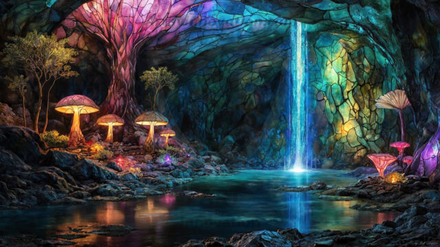 A vibrant and detailed fantasy photograph of an alien planet. Where every element appears meticulously crafted from iridescent stained glass. From a cave system, dominated by towering crystals, giant bioluminescent mushrooms, in all shapes and sizes, that glow in vibrant iridescent colors. A stream of iridescent blue water, flows down the center of the cave from a waterfall, off in the distance. The alien flora, vibrantly colored, attracting alien insects, like nothing you've ever seen. Glow worms hang down from the ceiling, emitting the entire spectrum of the rainbow in colors, they seem to dance and blend as if they are connected. Outside the cave system, the sky shimmers with a breathtaking aurora borealis that fills the sky, creating a cosmic spectacle of galaxies, nebulae, and radiant starlight, in this nighttime landscape.