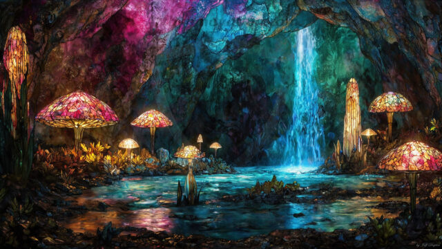 A vibrant and detailed fantasy photograph of an alien planet. Where every element appears meticulously crafted from iridescent stained glass. From a cave system, dominated by towering crystals, giant bioluminescent mushrooms, in all shapes and sizes, that glow in vibrant iridescent colors. A stream of iridescent blue water, flows down the center of the cave from a waterfall, off in the distance. The alien flora, vibrantly colored, attracting alien insects, like nothing you've ever seen. Glow worms hang down from the ceiling, emitting the entire spectrum of the rainbow in colors, they seem to dance and blend as if they are connected. Outside the cave system, the sky shimmers with a breathtaking aurora borealis that fills the sky, creating a cosmic spectacle of galaxies, nebulae, and radiant starlight, in this nighttime landscape.