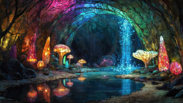 A vibrant and detailed fantasy photograph of an alien planet. Where every element appears meticulously crafted from iridescent stained glass. From a cave system, dominated by towering crystals, giant bioluminescent mushrooms, in all shapes and sizes, that glow in vibrant iridescent colors. A stream of iridescent blue water, flows down the center of the cave from a waterfall, off in the distance. The alien flora, vibrantly colored, attracting alien insects, like nothing you've ever seen. Glow worms hang down from the ceiling, emitting the entire spectrum of the rainbow in colors, they seem to dance and blend as if they are connected. Outside the cave system, the sky shimmers with a breathtaking aurora borealis that fills the sky, creating a cosmic spectacle of galaxies, nebulae, and radiant starlight, in this nighttime landscape.