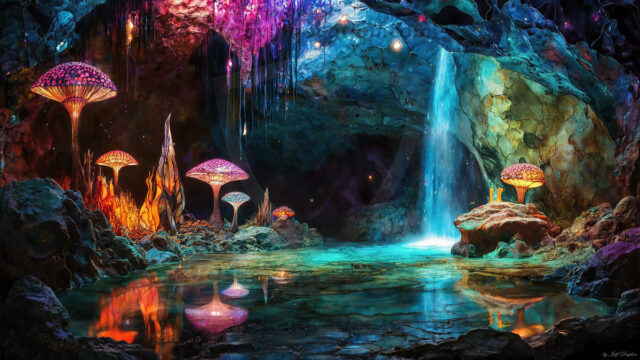 A vibrant and detailed fantasy photograph of an alien planet. Where every element appears meticulously crafted from iridescent stained glass. From a cave system, dominated by towering crystals, giant bioluminescent mushrooms, in all shapes and sizes, that glow in vibrant iridescent colors. A stream of iridescent blue water, flows down the center of the cave from a waterfall, off in the distance. The alien flora, vibrantly colored, attracting alien insects, like nothing you've ever seen. Glow worms hang down from the ceiling, emitting the entire spectrum of the rainbow in colors, they seem to dance and blend as if they are connected. Outside the cave system, the sky shimmers with a breathtaking aurora borealis that fills the sky, creating a cosmic spectacle of galaxies, nebulae, and radiant starlight, in this nighttime landscape.