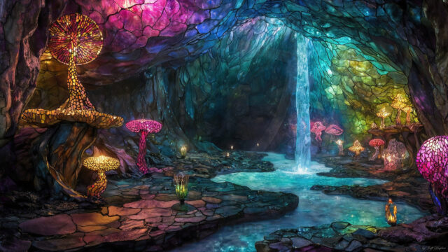 A vibrant and detailed fantasy photograph of an alien planet. Where every element appears meticulously crafted from iridescent stained glass. From a cave system, dominated by towering crystals, giant bioluminescent mushrooms, in all shapes and sizes, that glow in vibrant iridescent colors. A stream of iridescent blue water, flows down the center of the cave from a waterfall, off in the distance. The alien flora, vibrantly colored, attracting alien insects, like nothing you've ever seen. Glow worms hang down from the ceiling, emitting the entire spectrum of the rainbow in colors, they seem to dance and blend as if they are connected. Outside the cave system, the sky shimmers with a breathtaking aurora borealis that fills the sky, creating a cosmic spectacle of galaxies, nebulae, and radiant starlight, in this nighttime landscape.