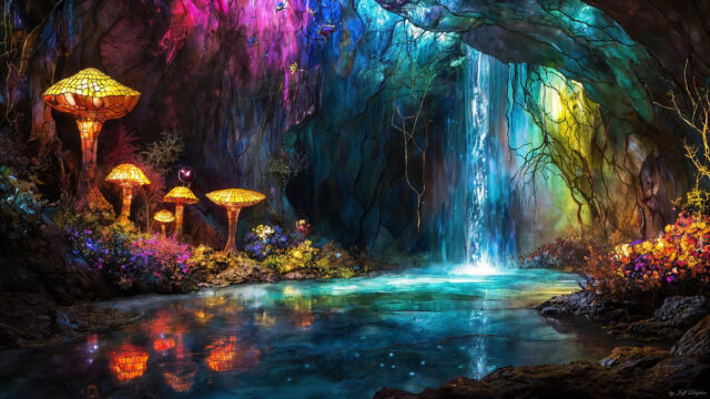 A vibrant and detailed fantasy photograph of an alien planet. Where every element appears meticulously crafted from iridescent stained glass. From a cave system, dominated by towering crystals, giant bioluminescent mushrooms, in all shapes and sizes, that glow in vibrant iridescent colors. A stream of iridescent blue water, flows down the center of the cave from a waterfall, off in the distance. The alien flora, vibrantly colored, attracting alien insects, like nothing you've ever seen. Glow worms hang down from the ceiling, emitting the entire spectrum of the rainbow in colors, they seem to dance and blend as if they are connected. Outside the cave system, the sky shimmers with a breathtaking aurora borealis that fills the sky, creating a cosmic spectacle of galaxies, nebulae, and radiant starlight, in this nighttime landscape.
