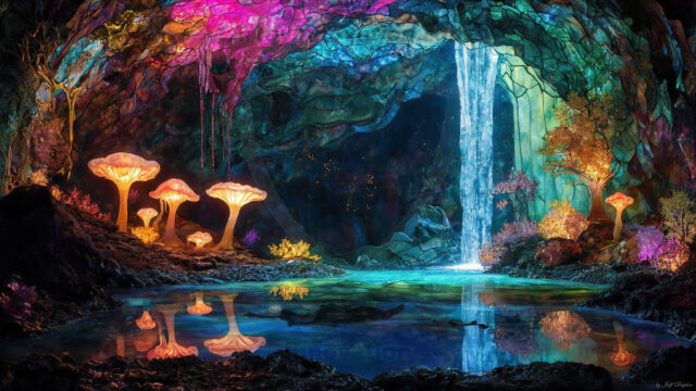 A vibrant and detailed fantasy photograph of an alien planet. Where every element appears meticulously crafted from iridescent stained glass. From a cave system, dominated by towering crystals, giant bioluminescent mushrooms, in all shapes and sizes, that glow in vibrant iridescent colors. A stream of iridescent blue water, flows down the center of the cave from a waterfall, off in the distance. The alien flora, vibrantly colored, attracting alien insects, like nothing you've ever seen. Glow worms hang down from the ceiling, emitting the entire spectrum of the rainbow in colors, they seem to dance and blend as if they are connected. Outside the cave system, the sky shimmers with a breathtaking aurora borealis that fills the sky, creating a cosmic spectacle of galaxies, nebulae, and radiant starlight, in this nighttime landscape.