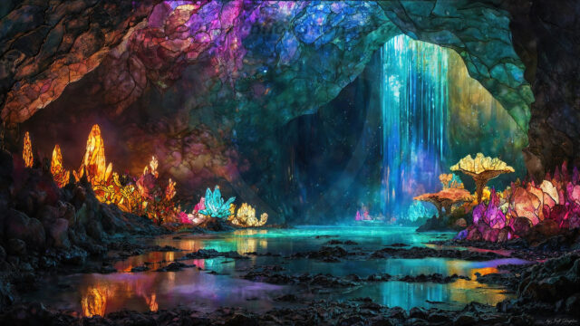 A vibrant and detailed fantasy photograph of an alien planet. Where every element appears meticulously crafted from iridescent stained glass. From a cave system, dominated by towering crystals, giant bioluminescent mushrooms, in all shapes and sizes, that glow in vibrant iridescent colors. A stream of iridescent blue water, flows down the center of the cave from a waterfall, off in the distance. The alien flora, vibrantly colored, attracting alien insects, like nothing you've ever seen. Glow worms hang down from the ceiling, emitting the entire spectrum of the rainbow in colors, they seem to dance and blend as if they are connected. Outside the cave system, the sky shimmers with a breathtaking aurora borealis that fills the sky, creating a cosmic spectacle of galaxies, nebulae, and radiant starlight, in this nighttime landscape.