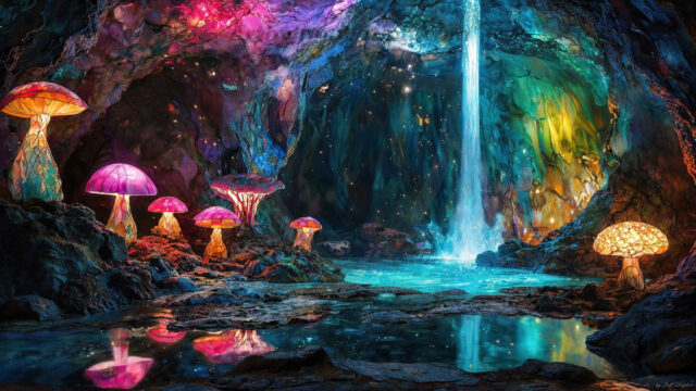 A vibrant and detailed fantasy photograph of an alien planet. Where every element appears meticulously crafted from iridescent stained glass. From a cave system, dominated by towering crystals, giant bioluminescent mushrooms, in all shapes and sizes, that glow in vibrant iridescent colors. A stream of iridescent blue water, flows down the center of the cave from a waterfall, off in the distance. The alien flora, vibrantly colored, attracting alien insects, like nothing you've ever seen. Glow worms hang down from the ceiling, emitting the entire spectrum of the rainbow in colors, they seem to dance and blend as if they are connected. Outside the cave system, the sky shimmers with a breathtaking aurora borealis that fills the sky, creating a cosmic spectacle of galaxies, nebulae, and radiant starlight, in this nighttime landscape.