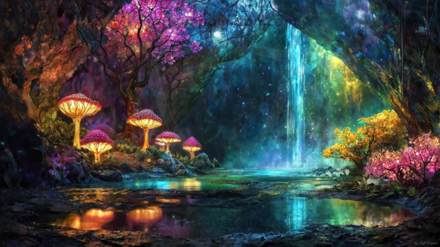 A vibrant and detailed fantasy photograph of an alien planet. Where every element appears meticulously crafted from iridescent stained glass. From a cave system, dominated by towering crystals, giant bioluminescent mushrooms, in all shapes and sizes, that glow in vibrant iridescent colors. A stream of iridescent blue water, flows down the center of the cave from a waterfall, off in the distance. The alien flora, vibrantly colored, attracting alien insects, like nothing you've ever seen. Glow worms hang down from the ceiling, emitting the entire spectrum of the rainbow in colors, they seem to dance and blend as if they are connected. Outside the cave system, the sky shimmers with a breathtaking aurora borealis that fills the sky, creating a cosmic spectacle of galaxies, nebulae, and radiant starlight, in this nighttime landscape.