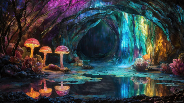 A vibrant and detailed fantasy photograph of an alien planet. Where every element appears meticulously crafted from iridescent stained glass. From a cave system, dominated by towering crystals, giant bioluminescent mushrooms, in all shapes and sizes, that glow in vibrant iridescent colors. A stream of iridescent blue water, flows down the center of the cave from a waterfall, off in the distance. The alien flora, vibrantly colored, attracting alien insects, like nothing you've ever seen. Glow worms hang down from the ceiling, emitting the entire spectrum of the rainbow in colors, they seem to dance and blend as if they are connected. Outside the cave system, the sky shimmers with a breathtaking aurora borealis that fills the sky, creating a cosmic spectacle of galaxies, nebulae, and radiant starlight, in this nighttime landscape.