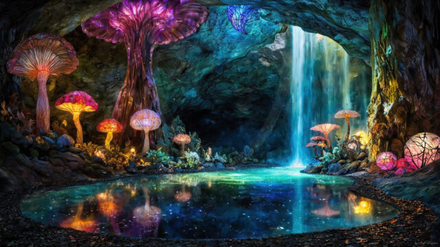 A vibrant and detailed fantasy photograph of an alien planet. Where every element appears meticulously crafted from iridescent stained glass. From a cave system, dominated by towering crystals, giant bioluminescent mushrooms, in all shapes and sizes, that glow in vibrant iridescent colors. A stream of iridescent blue water, flows down the center of the cave from a waterfall, off in the distance. The alien flora, vibrantly colored, attracting alien insects, like nothing you've ever seen. Glow worms hang down from the ceiling, emitting the entire spectrum of the rainbow in colors, they seem to dance and blend as if they are connected. Outside the cave system, the sky shimmers with a breathtaking aurora borealis that fills the sky, creating a cosmic spectacle of galaxies, nebulae, and radiant starlight, in this nighttime landscape.