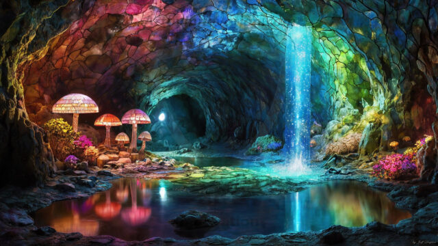 A vibrant and detailed fantasy photograph of an alien planet. Where every element appears meticulously crafted from iridescent stained glass. From a cave system, dominated by towering crystals, giant bioluminescent mushrooms, in all shapes and sizes, that glow in vibrant iridescent colors. A stream of iridescent blue water, flows down the center of the cave from a waterfall, off in the distance. The alien flora, vibrantly colored, attracting alien insects, like nothing you've ever seen. Glow worms hang down from the ceiling, emitting the entire spectrum of the rainbow in colors, they seem to dance and blend as if they are connected. Outside the cave system, the sky shimmers with a breathtaking aurora borealis that fills the sky, creating a cosmic spectacle of galaxies, nebulae, and radiant starlight, in this nighttime landscape.