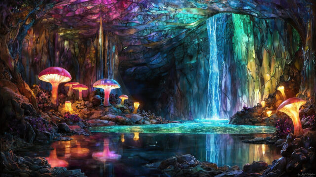 A vibrant and detailed fantasy photograph of an alien planet. Where every element appears meticulously crafted from iridescent stained glass. From a cave system, dominated by towering crystals, giant bioluminescent mushrooms, in all shapes and sizes, that glow in vibrant iridescent colors. A stream of iridescent blue water, flows down the center of the cave from a waterfall, off in the distance. The alien flora, vibrantly colored, attracting alien insects, like nothing you've ever seen. Glow worms hang down from the ceiling, emitting the entire spectrum of the rainbow in colors, they seem to dance and blend as if they are connected. Outside the cave system, the sky shimmers with a breathtaking aurora borealis that fills the sky, creating a cosmic spectacle of galaxies, nebulae, and radiant starlight, in this nighttime landscape.