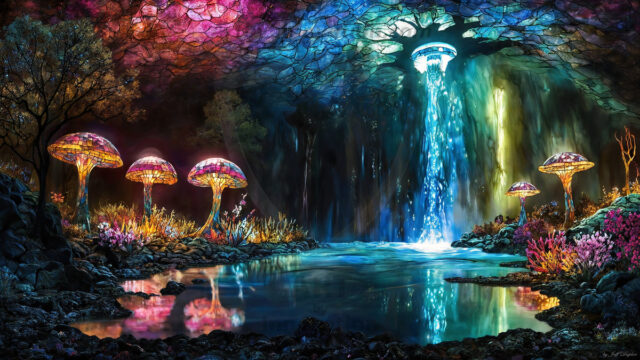 A vibrant and detailed fantasy photograph of an alien planet. Where every element appears meticulously crafted from iridescent stained glass. From a cave system, dominated by towering crystals, giant bioluminescent mushrooms, in all shapes and sizes, that glow in vibrant iridescent colors. A stream of iridescent blue water, flows down the center of the cave from a waterfall, off in the distance. The alien flora, vibrantly colored, attracting alien insects, like nothing you've ever seen. Glow worms hang down from the ceiling, emitting the entire spectrum of the rainbow in colors, they seem to dance and blend as if they are connected. Outside the cave system, the sky shimmers with a breathtaking aurora borealis that fills the sky, creating a cosmic spectacle of galaxies, nebulae, and radiant starlight, in this nighttime landscape.