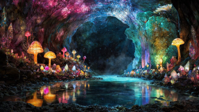 A vibrant and detailed fantasy photograph of an alien planet. Where every element appears meticulously crafted from iridescent stained glass. From a cave system, dominated by towering crystals, giant bioluminescent mushrooms, in all shapes and sizes, that glow in vibrant iridescent colors. A stream of iridescent blue water, flows down the center of the cave from a waterfall, off in the distance. The alien flora, vibrantly colored, attracting alien insects, like nothing you've ever seen. Glow worms hang down from the ceiling, emitting the entire spectrum of the rainbow in colors, they seem to dance and blend as if they are connected. Outside the cave system, the sky shimmers with a breathtaking aurora borealis that fills the sky, creating a cosmic spectacle of galaxies, nebulae, and radiant starlight, in this nighttime landscape.