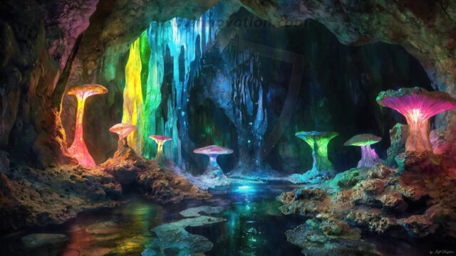 A vibrant and detailed fantasy photograph of an alien planet. Where every element appears meticulously crafted from iridescent stained glass. From a cave system, dominated by towering crystals, giant bioluminescent mushrooms, in all shapes and sizes, that glow in vibrant iridescent colors. A stream of iridescent blue water, flows down the center of the cave from a waterfall, off in the distance. The alien flora, vibrantly colored, attracting alien insects, like nothing you've ever seen. Glow worms hang down from the ceiling, emitting the entire spectrum of the rainbow in colors, they seem to dance and blend as if they are connected. Outside the cave system, the sky shimmers with a breathtaking aurora borealis that fills the sky, creating a cosmic spectacle of galaxies, nebulae, and radiant starlight, in this nighttime landscape.
