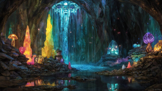 A vibrant and detailed fantasy photograph of an alien planet. Where every element appears meticulously crafted from iridescent stained glass. From a cave system, dominated by towering crystals, giant bioluminescent mushrooms, in all shapes and sizes, that glow in vibrant iridescent colors. A stream of iridescent blue water, flows down the center of the cave from a waterfall, off in the distance. The alien flora, vibrantly colored, attracting alien insects, like nothing you've ever seen. Glow worms hang down from the ceiling, emitting the entire spectrum of the rainbow in colors, they seem to dance and blend as if they are connected. Outside the cave system, the sky shimmers with a breathtaking aurora borealis that fills the sky, creating a cosmic spectacle of galaxies, nebulae, and radiant starlight, in this nighttime landscape.